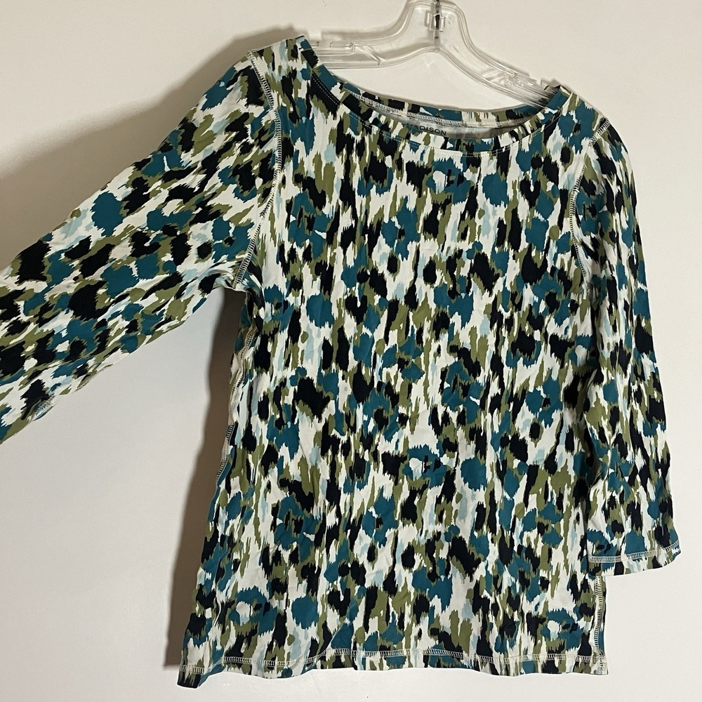Madison Organics Top Womens Medium Blue Floral Knit Stretch 3/4 Sleeve Casual M - Picture 4 of 13